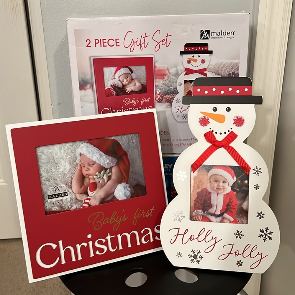 NEW 2 CHRISTMAS PHOTO FRAMES "Baby's First Christmas"/Snowman